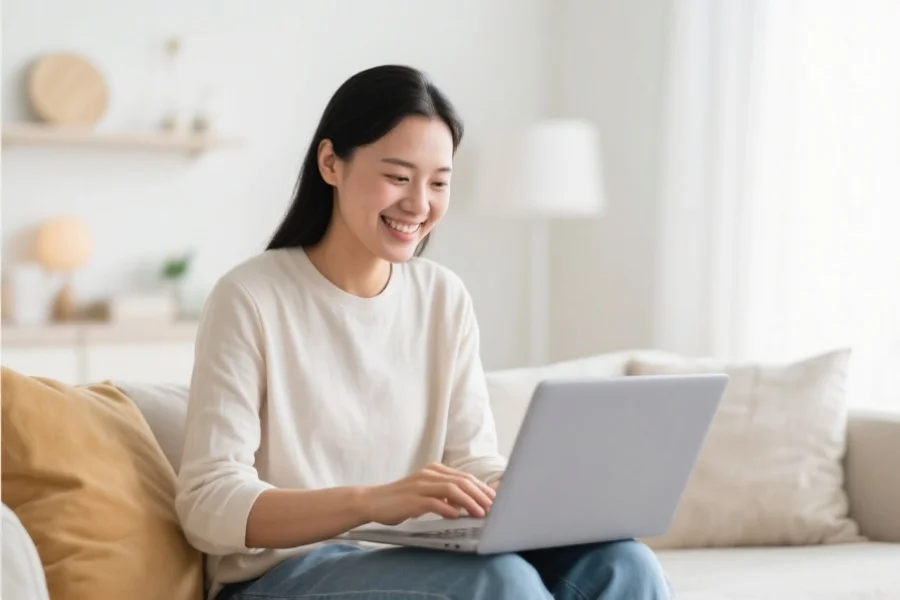 一位愉快的用户在明亮舒适的家中使用笔记本电脑体验娱乐平台，展现安心与信任感