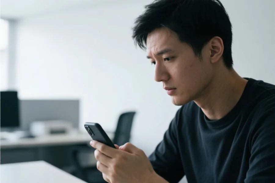 一位用户疑惑地查看手机上的可疑短信，背景为安静的办公桌环境